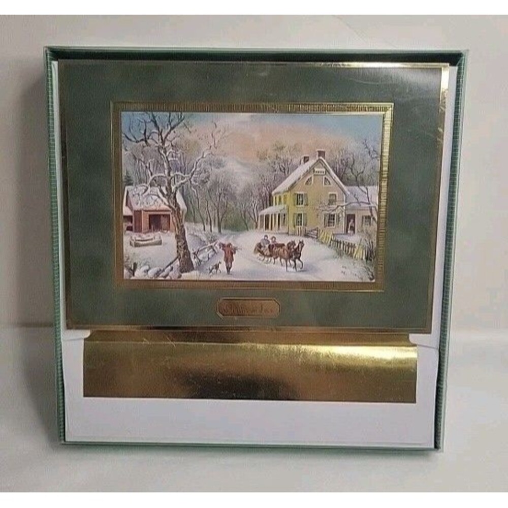 VTG Masterpiece Studios Boxed Christmas Cards 18 Count Currier Ives Sleigh 53080